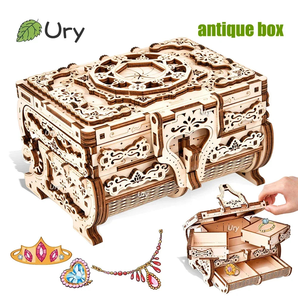 Dice box URY 3D Wooden Puzzle Antique Treasure Box Dressing Case DIY Game Advanced Assembly Model Toys Creative Gift for Lady Girls