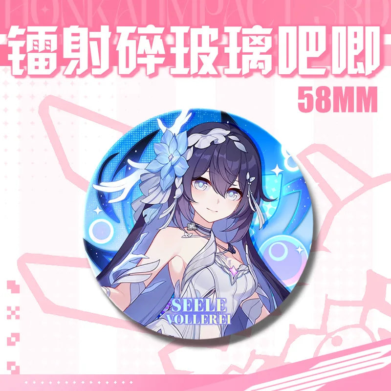 Kawaii Honkai Impact 3 Valkyrie Girls 58mm Laser Pin Badge Cosplay Accessories for Clothes Backpack Decor Brooch Gifts Keychain