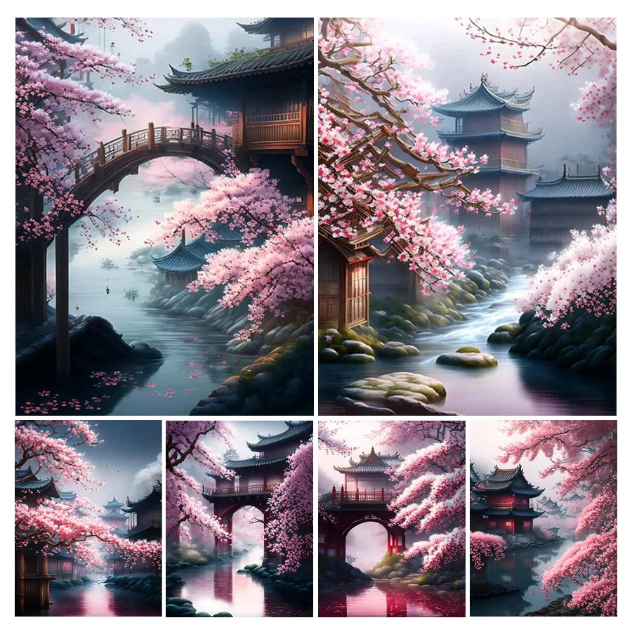 Bricolage mosaïque Art japonais fleurs de cerisier diamant peinture cascade Temple paysage complet strass broderie photo AA4518
