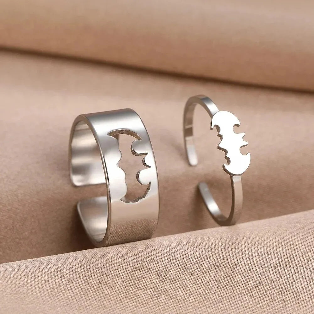2 PCS Gothic Couple Ring Set Gold Color Stainless Steel Hip Hop Punk Fashion Open Ring For Men Women Silver Color Metal Rings