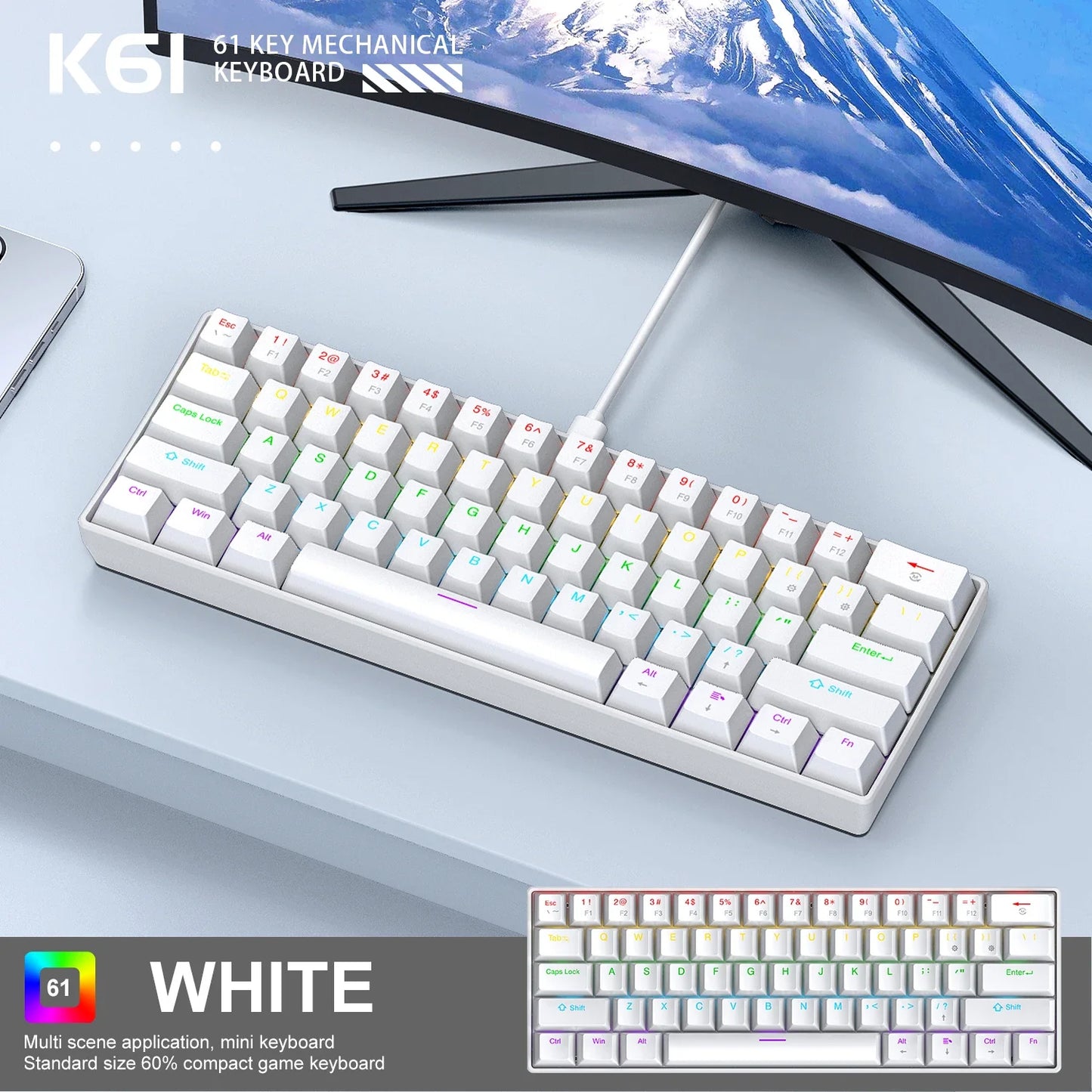 APAYADO K61 60% Wired Mechanical Gaming Keyboard Phantom RGB, 61 Keys, Red/Blue Switch, ergonomic, Portable Mini for PC/Laptop