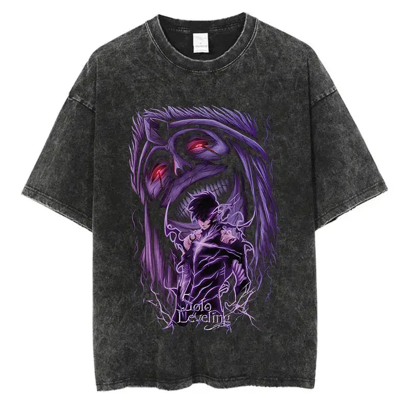 Solo Leveling Vintage T-shirt: Harajuku Washed Anime Tee