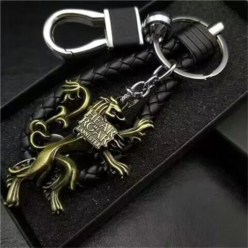 Thrones Keychain Stark Wolf Head Badge Key Chains Leather Rope Keyring Pendant llaveros Accessories Gifts for friends