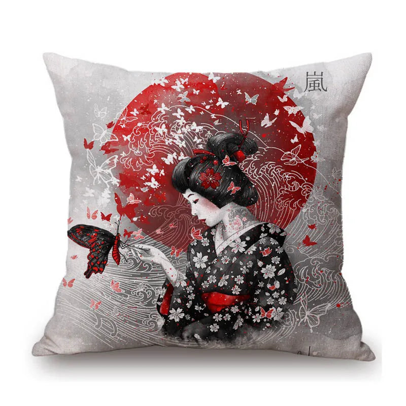 Arte japonés Ikigain Life Doctrine Geisha Judo Samurai Spirit pintura en tinta roja y negra arte funda de almohada para sofá funda de cojín de lino