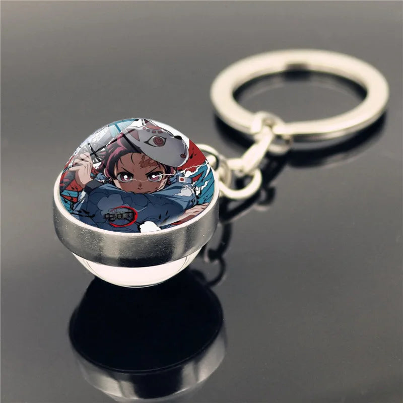 Cartoon Demon Slayer Keychain Kamado Nezuko Kanroji Mitsuri Tsuyuri Kanawo Double Sided Glass Ball Pendant Backpack Keychains