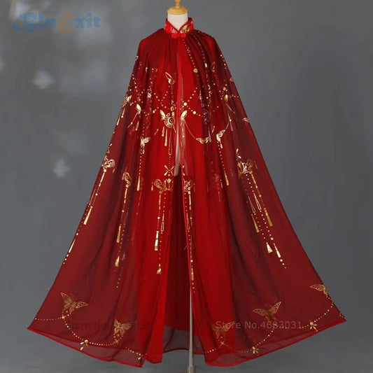 Capa Hanfu de boda, abrigo largo bronceado dorado con botones étnicos, traje antiguo de la dinastía Tang Song de novia china tradicional roja