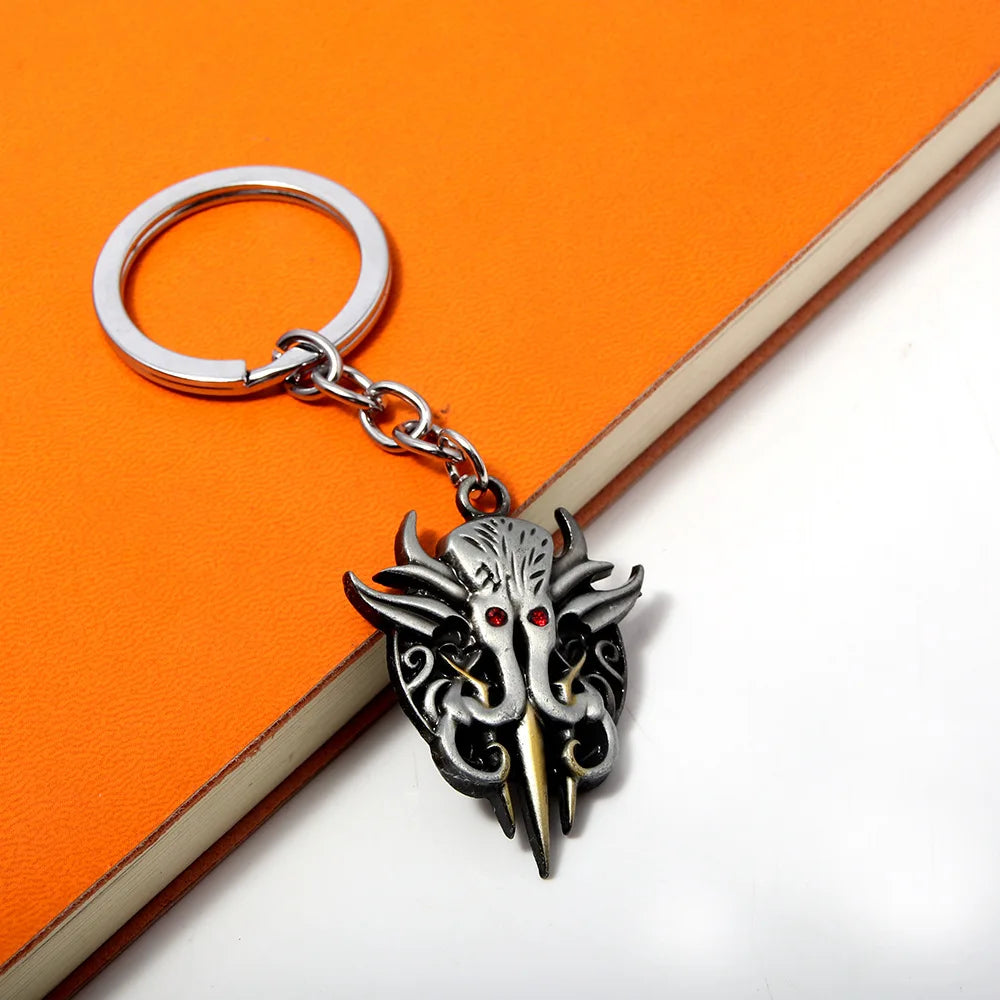 Vintage Baldurs Gate Ghost Pendant Keychain for Men Two Tone Red Stone Filled Metal Key Ring Finder Fans Collection Jewelry