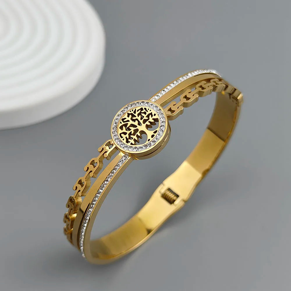New tree of life horseshoe zircon gold-plated stainless steel bracelet 18K, high quality waterproof couple bracelet, wife gift