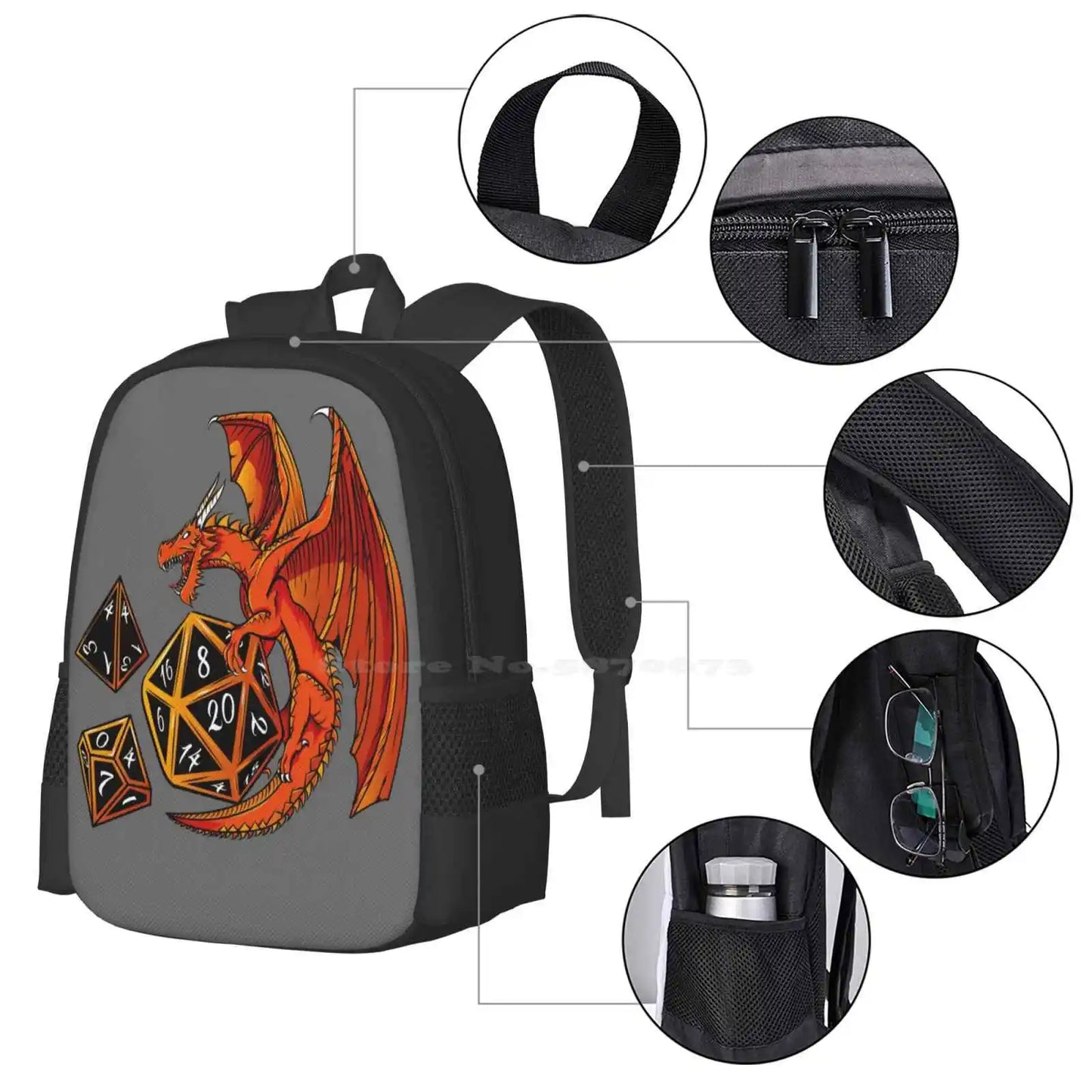 The Dice Dragon - D20, D4, D10 y Dragons Mochila escolar de gran capacidad Bolsas para portátiles Pathfinder D20 Rpg Dnd Black Geek Reaper