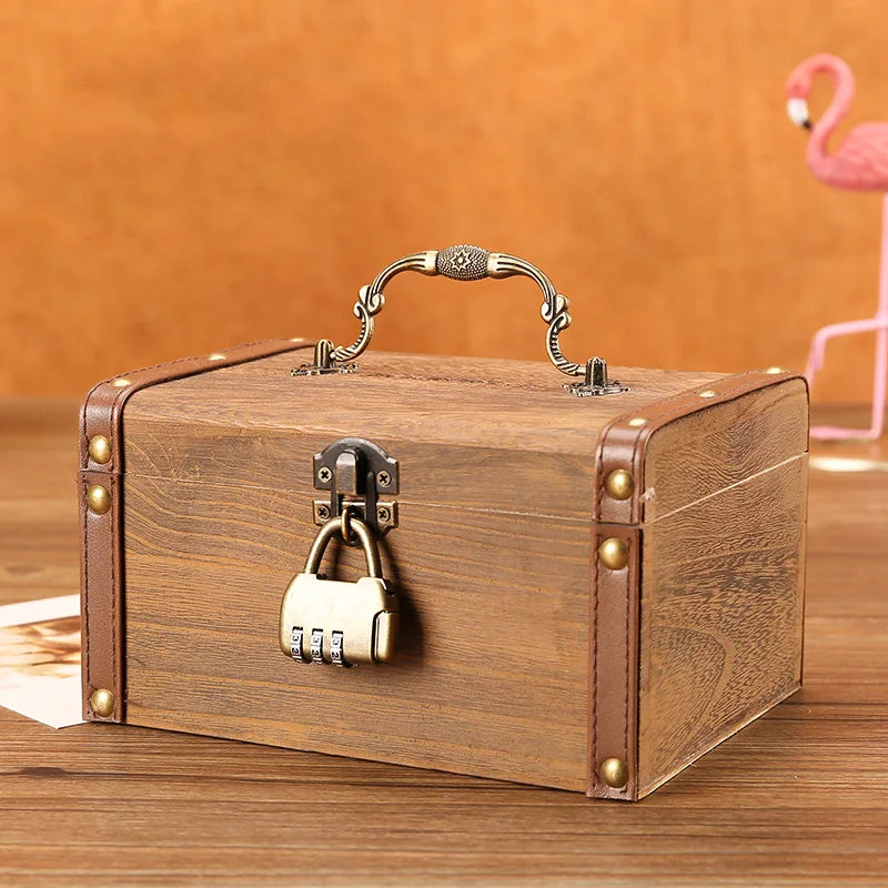 Caja decorativa de madera con forma de cofre del tesoro retro, con cerradura, moneda, caja de almacenamiento de billetes, regalo para niños, pequeña caja con contraseña
