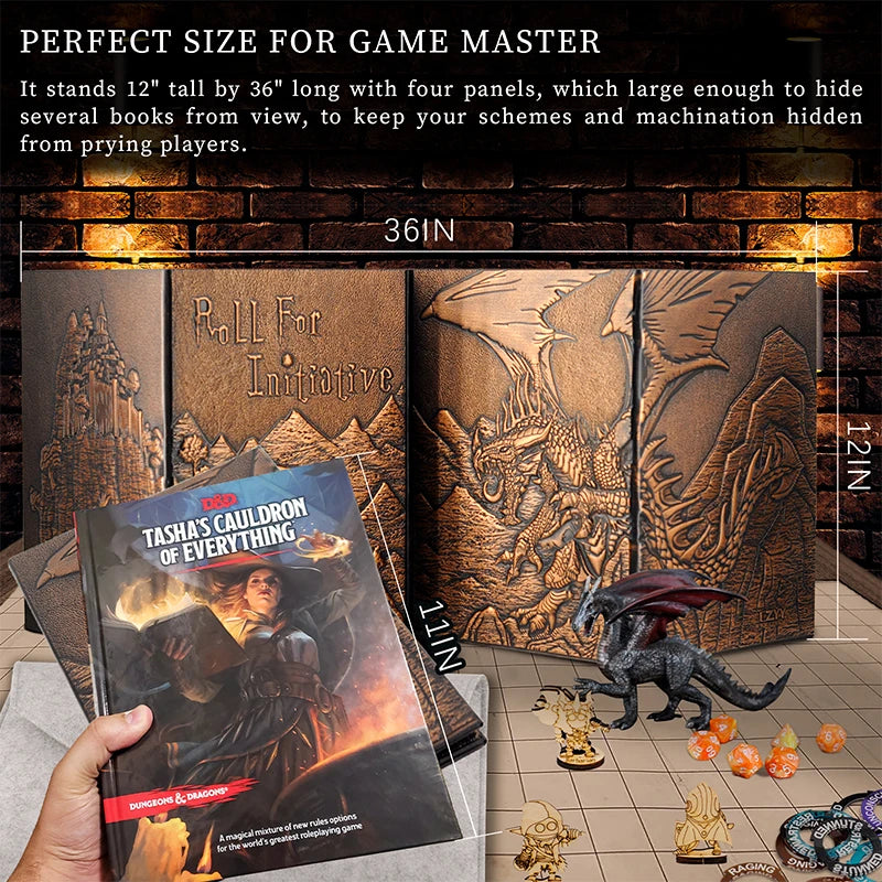 DND Dungeon Master Screen Faux Leather Embossed Dragon & Mimic, Four-Panel with Pockets DM Screen for Dungeons and Dragon