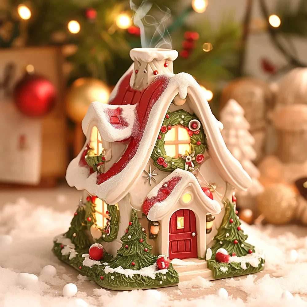 Christmas Cabin Incense Burner - Portable Resin Chimney Cabin for Home, Living Room, and Camping - With light