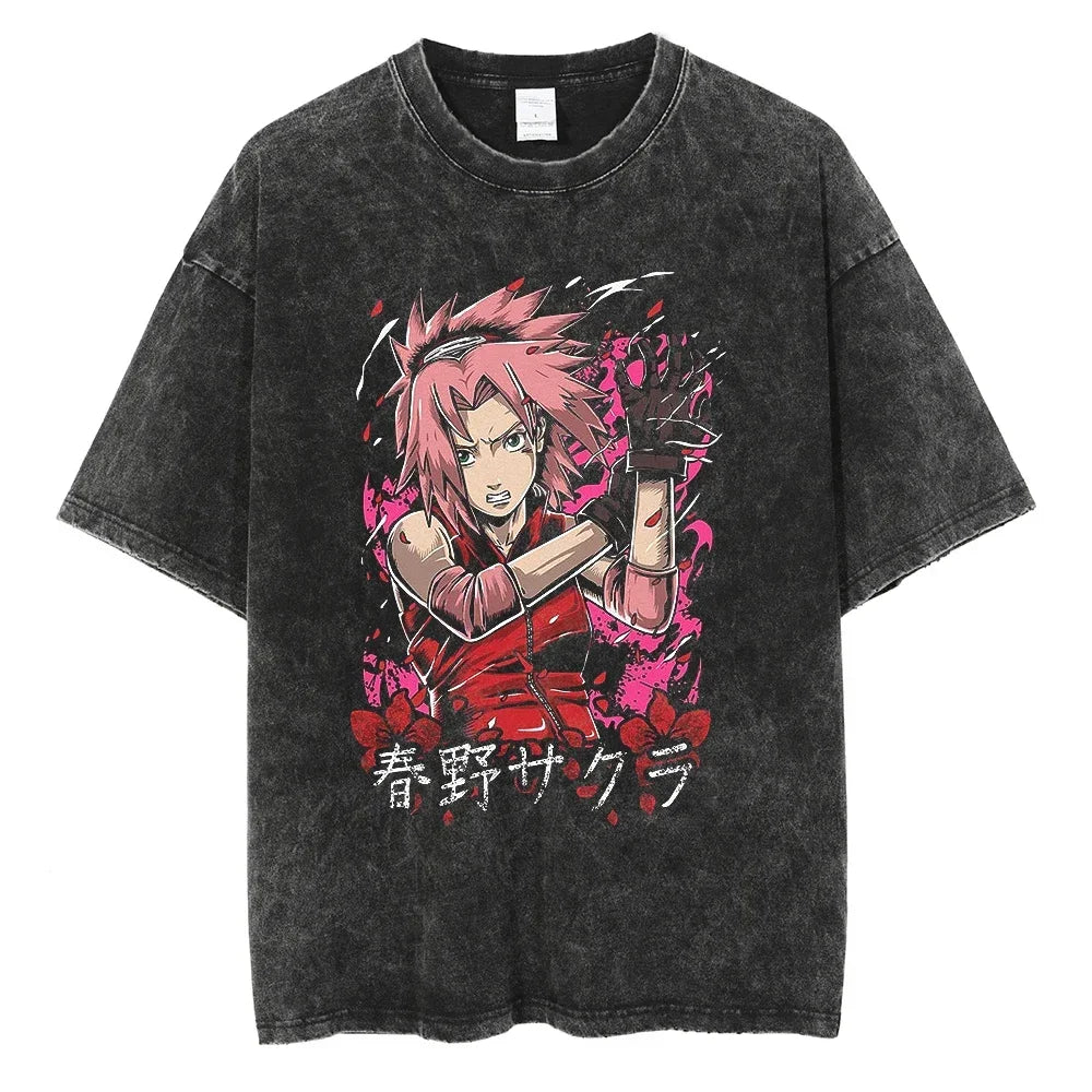 Naruto Rock Lee Streetwear T Shirt Vintage Washed Black