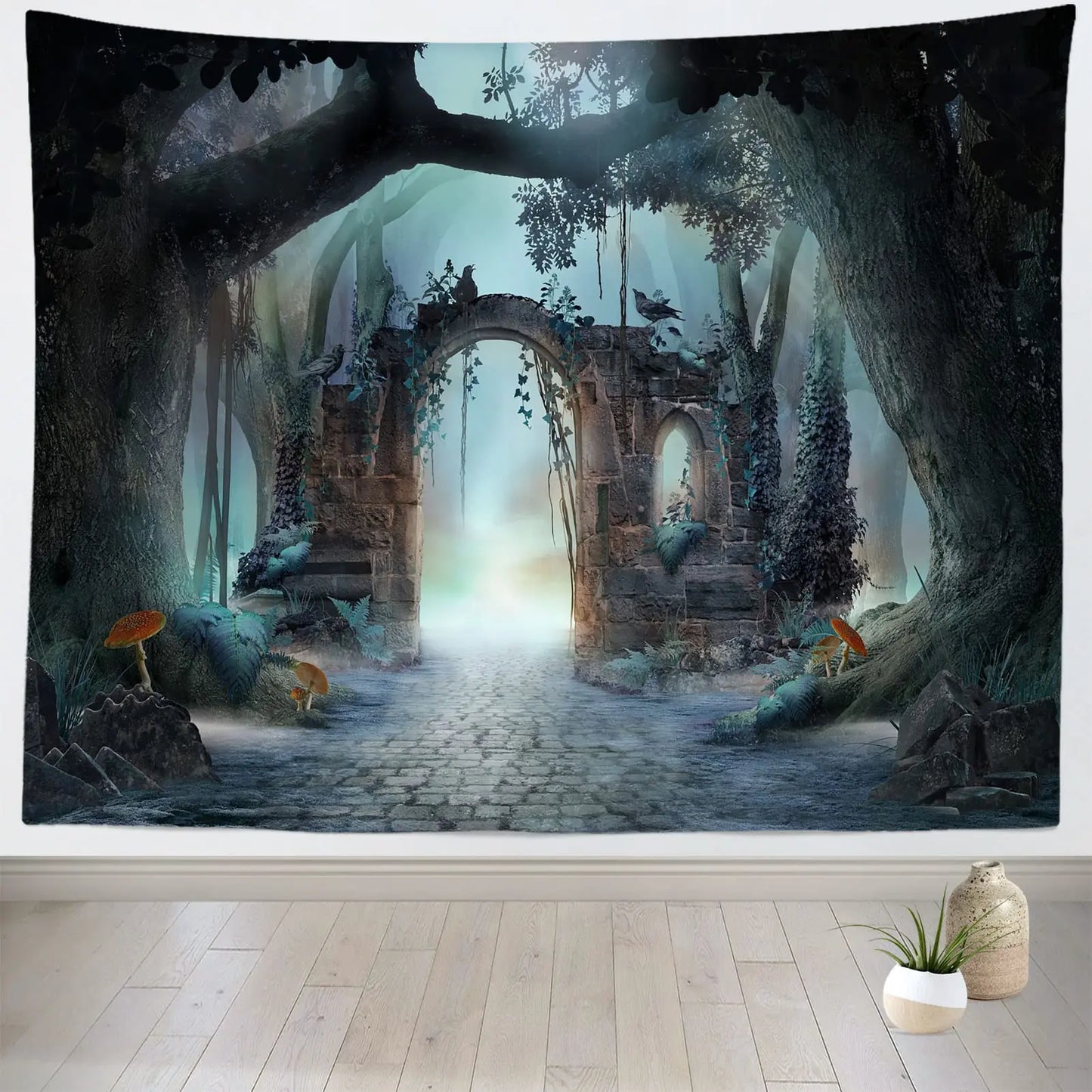 Tapisserie murale suspendue en forme d'arche de conte de fées, forêt enchantée, paysage d'humeur sombre et brumeuse, décor de salle d'art mural