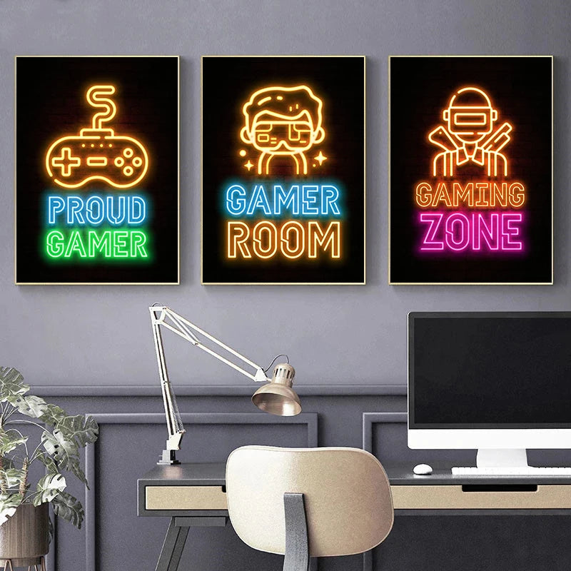 Neon Video Games Cats and Gaming Quotes Posters Prints Canvas Painting Gamepad Game Room Wall Art Picture Gamer Zone Room Decor