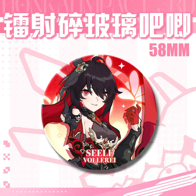 Kawaii Honkai Impact 3 Valkyrie Girls 58mm Laser Pin Badge Cosplay Accessories for Clothes Backpack Decor Brooch Gifts Keychain