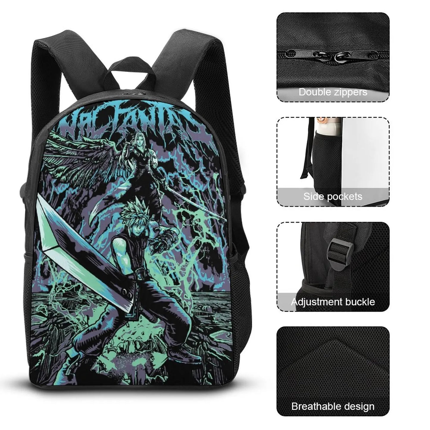 Final Fantasy Fan Art Classic en venta Pasta de dientes acogedora y duradera 3 en 1 Juego Mochila de 17 pulgadas Bolsa de almuerzo Bolsa para bolígrafos Viaje Gráfico divertido