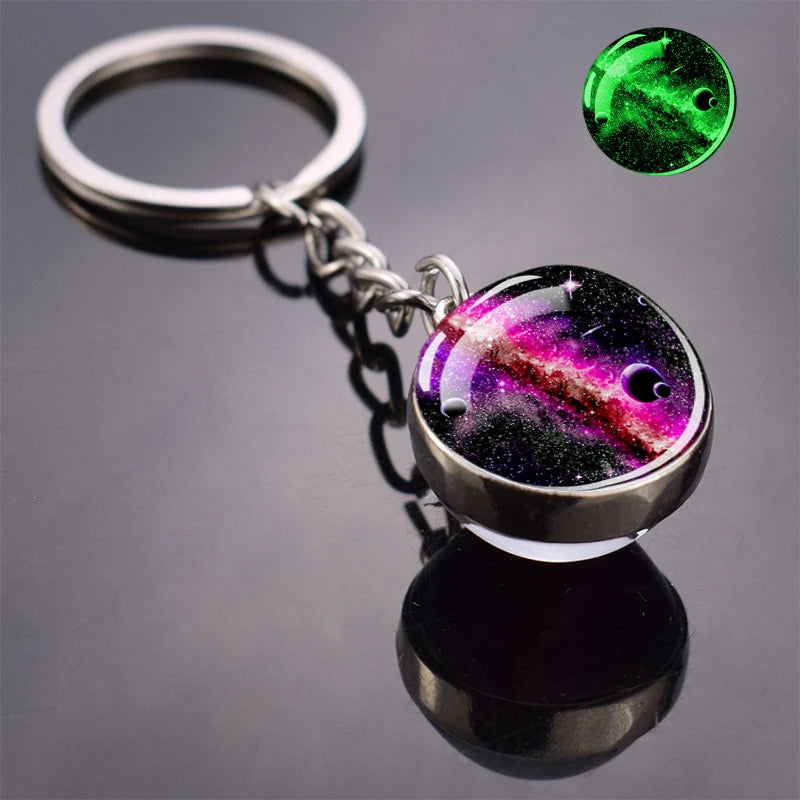 Glow In The Dark Multicolor Planet Galaxy Keychain Universe Key Chain Outer Space Astronomical Jewelry Glass Ball Keyring