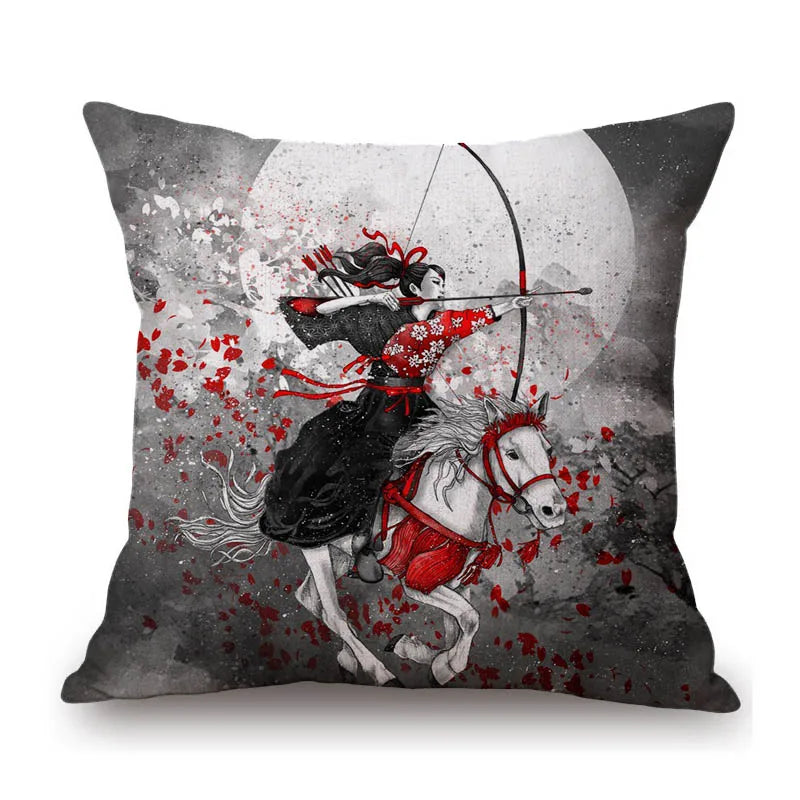 Arte japonés Ikigain Life Doctrine Geisha Judo Samurai Spirit pintura en tinta roja y negra arte funda de almohada para sofá funda de cojín de lino