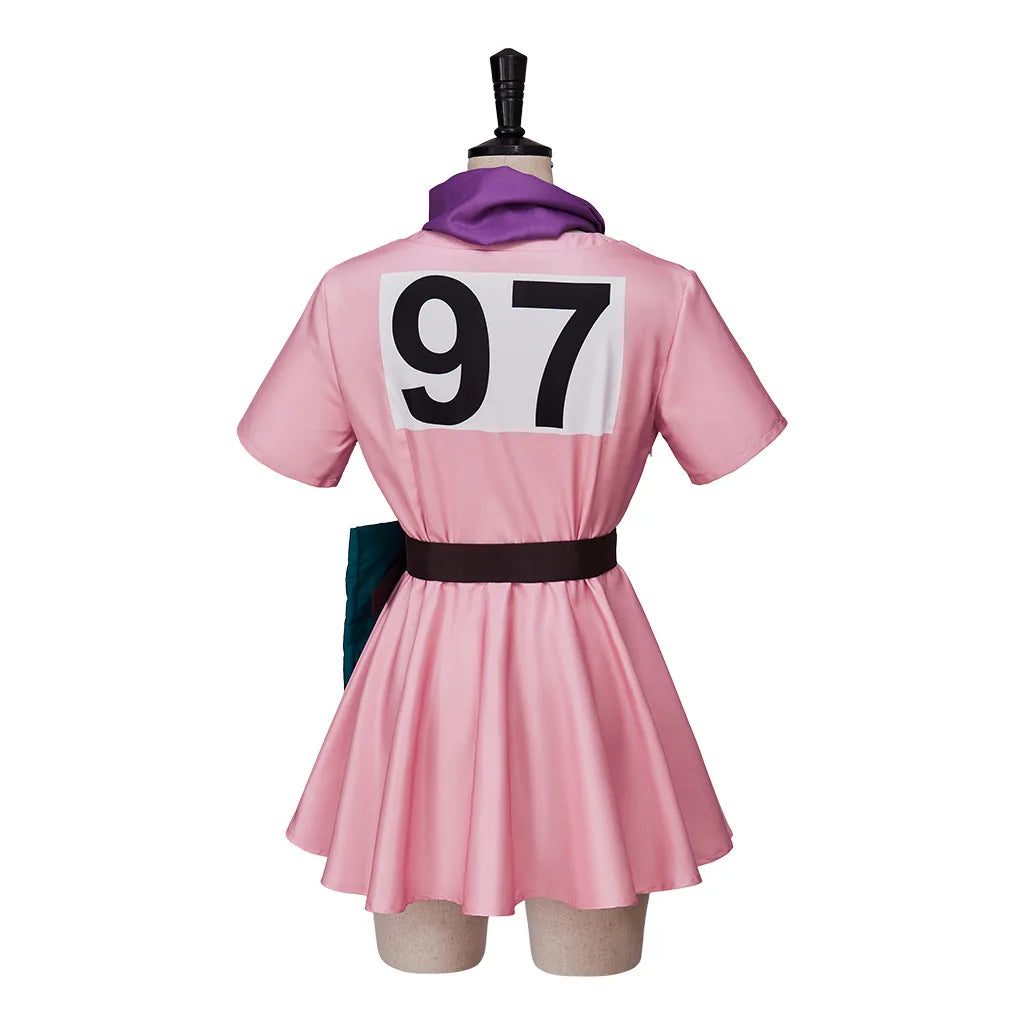 Disfraz de Bulma para mujer, vestido rosa, tocado, bufanda morada, cinturón, conjunto completo para peluca de disfraz de Halloween