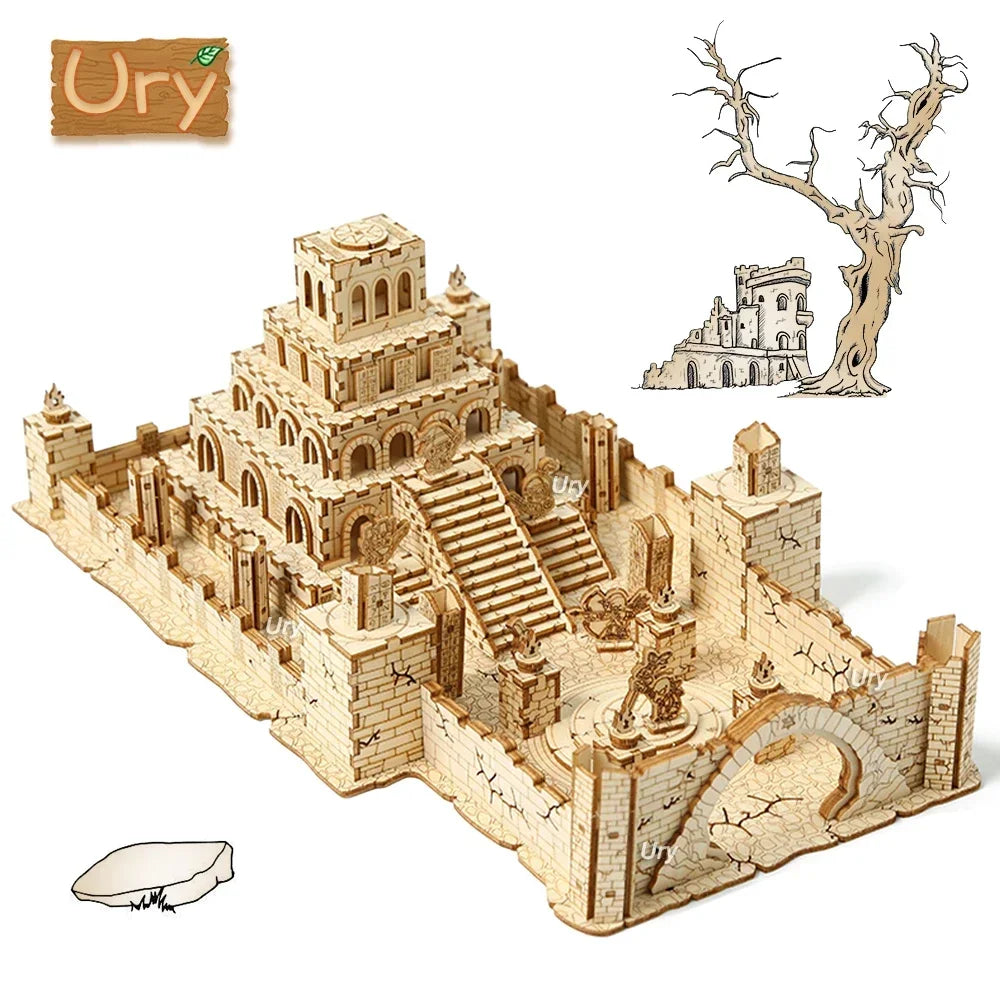Ury 3D Wooden Puzzle WW2 War City Postwar Relic Handmade Mechanical Assembly House Model DIY Kits Toys Decoration Gifts for Kids