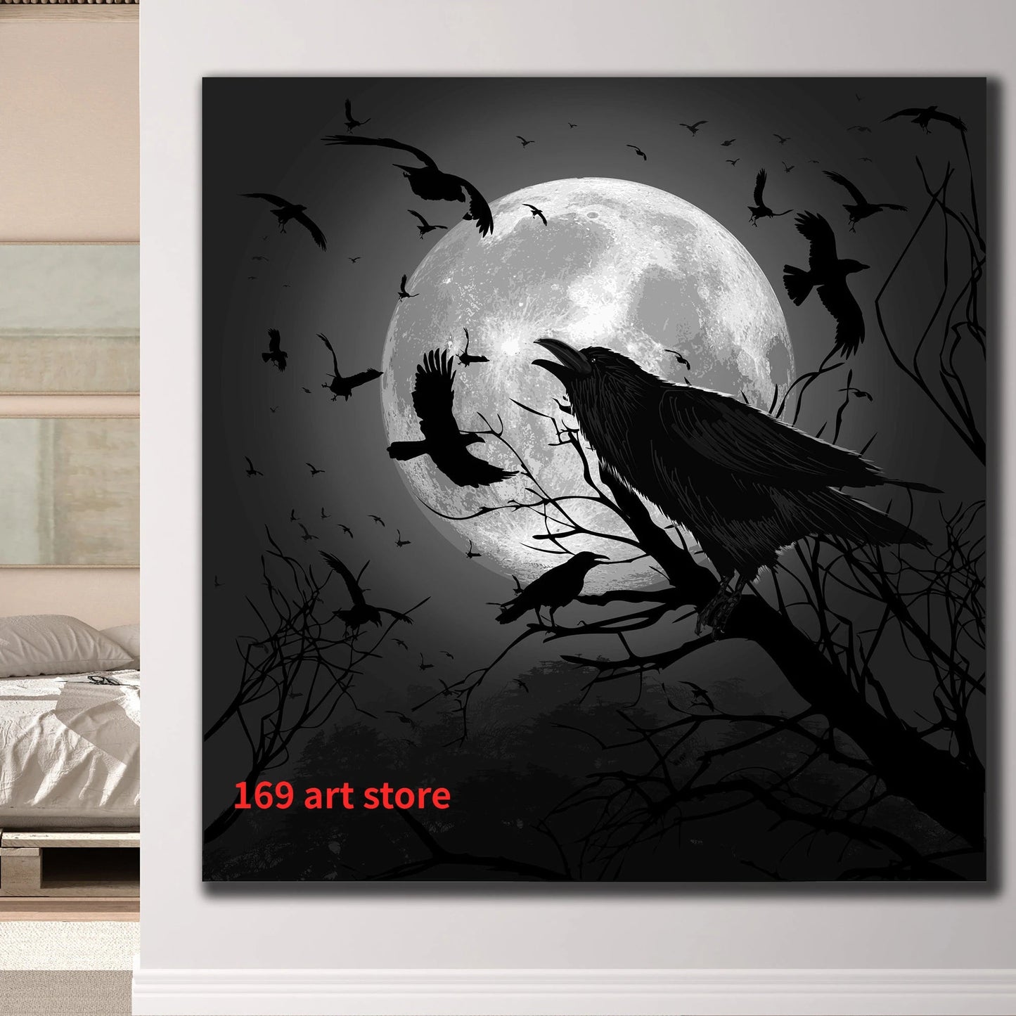 Retro Flying Crow Raven Barking At The Moon Nature Landscape Art Poster Canvas Painting Wall Art Print Picture Office Home Decor