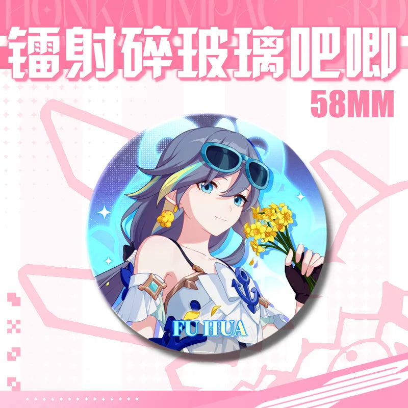 Kawaii Honkai Impact 3 Valkyrie Girls 58mm Laser Pin Badge Cosplay Accessories for Clothes Backpack Decor Brooch Gifts Keychain