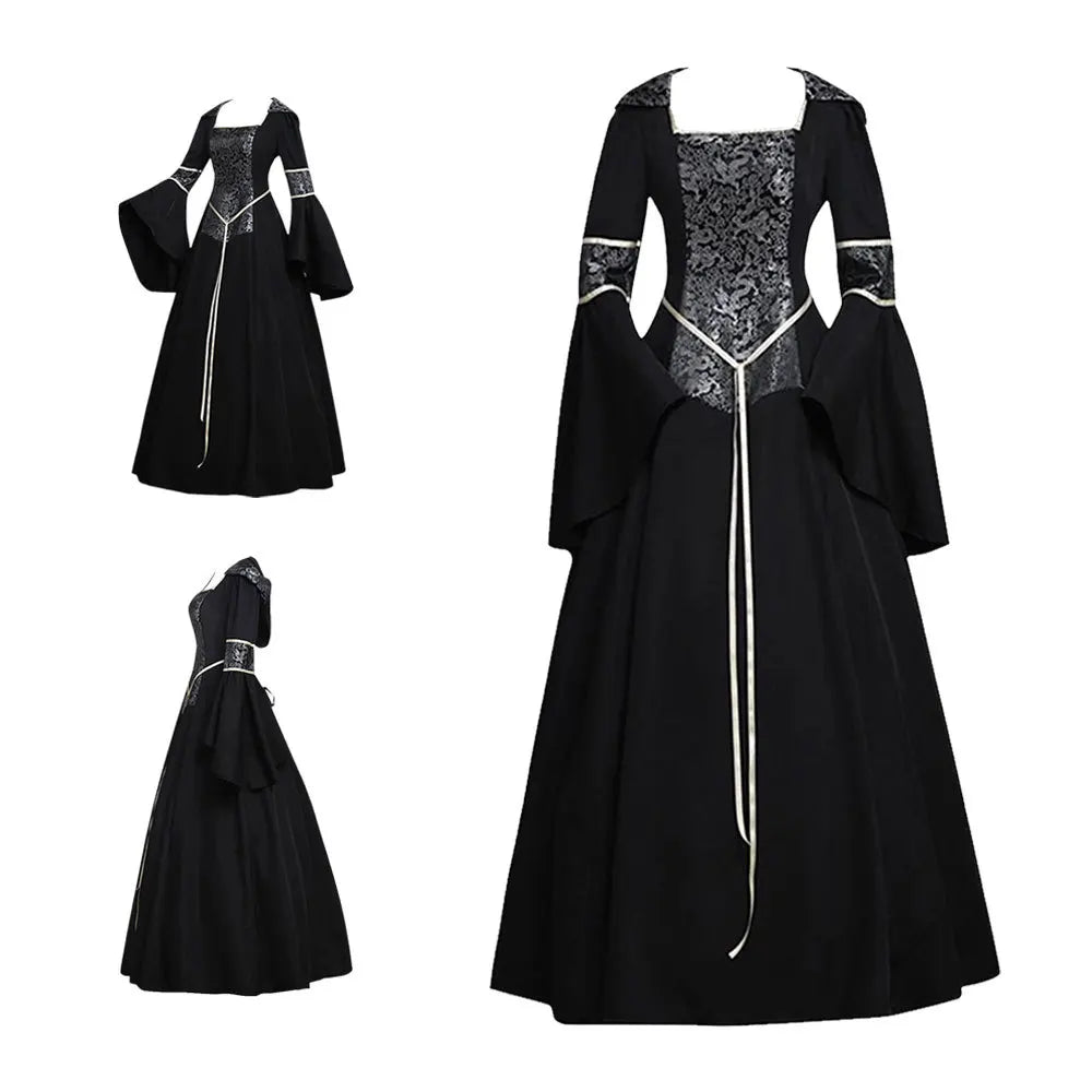 Women's Medieval Steampunk Vintage Celtic Long Sleeve Dress Floor Length Renaissance Gothic Cosplay Halloween Costume Hoddies