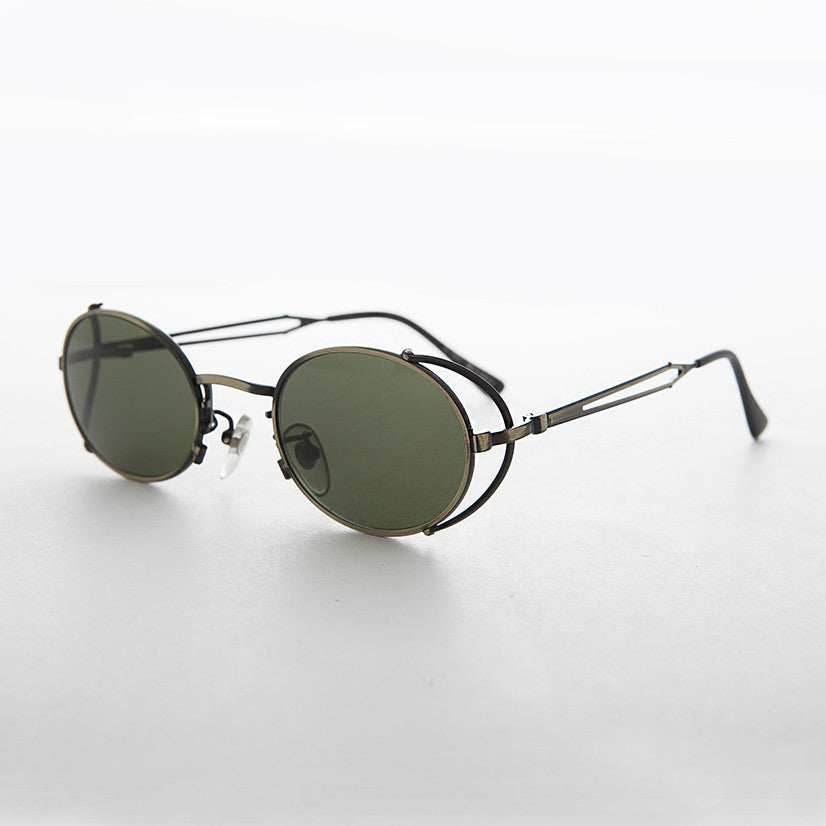 Elegant Steampunk Sunglass with Cut Out Design - Silas - Antique Bronze / Green Lens