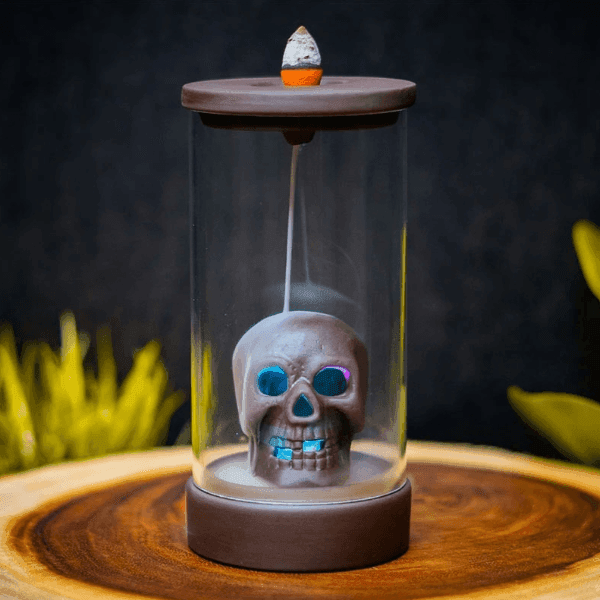 Immortal Skull Backflow Glass Incense Burner With LED - Brown