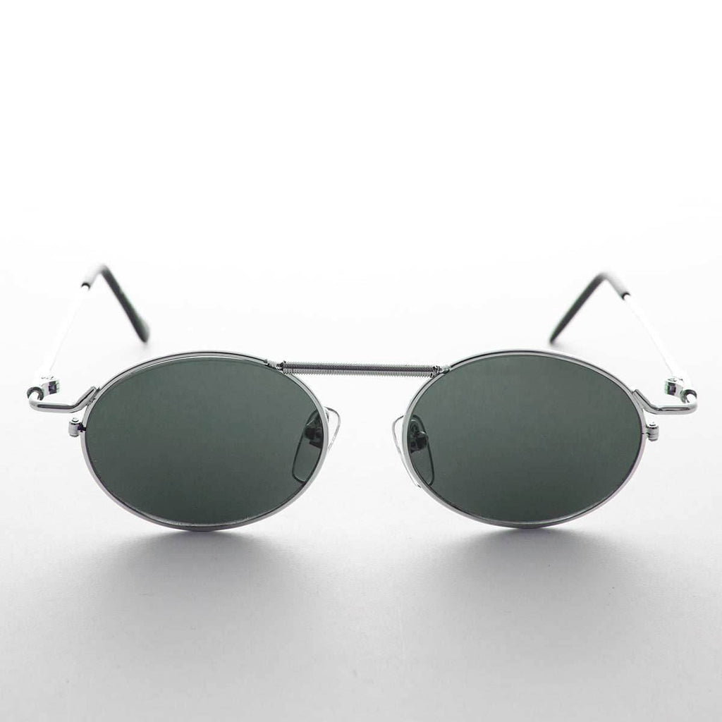 Vintage Steampunk Sunglass with Spring Brow Bar - Steamcon - Silver / Green Lens