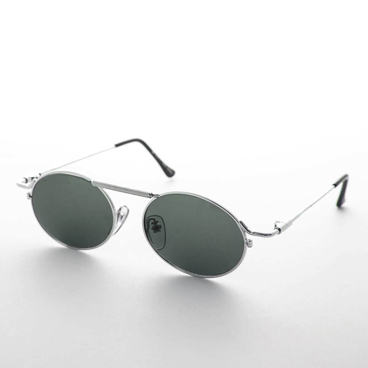 Vintage Steampunk Sunglass with Spring Brow Bar - Steamcon - Silver / Green Lens
