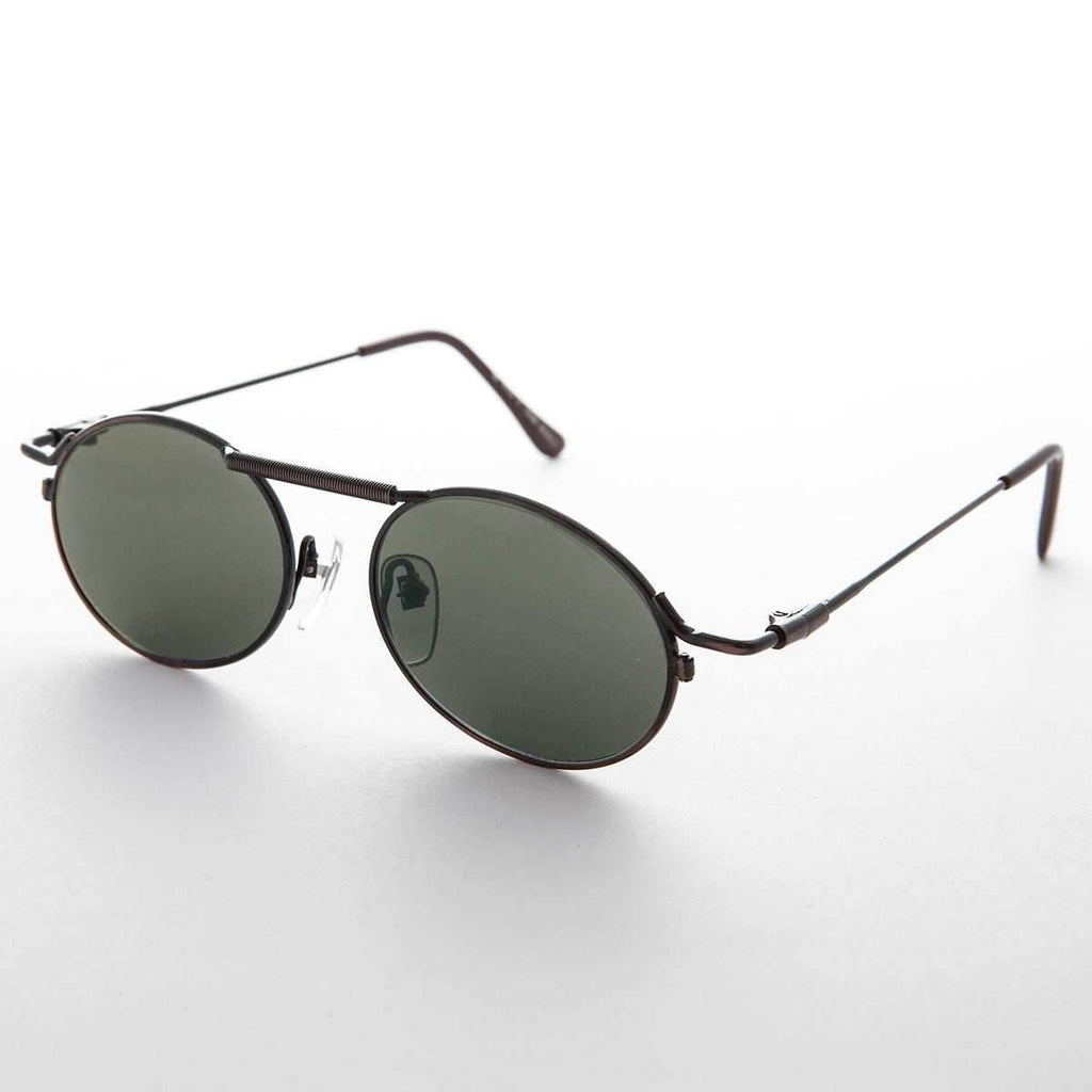 Vintage Steampunk Sunglass with Spring Brow Bar - Steamcon - Silver / Green Lens