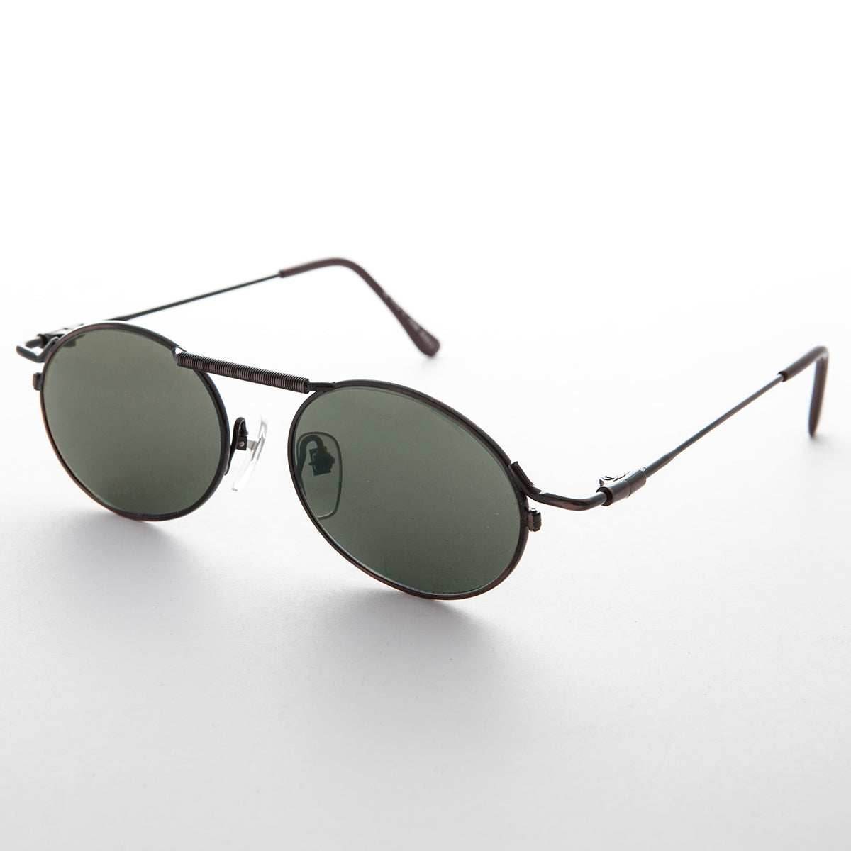 Vintage Steampunk Sunglass with Spring Brow Bar - Steamcon - Silver / Green Lens