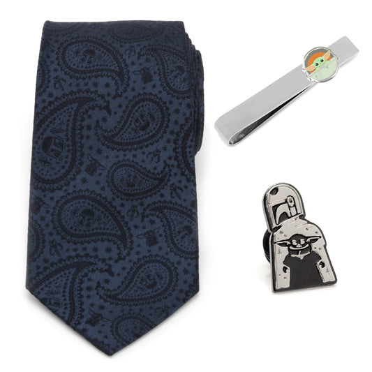 Star Wars Mandalorian and Grogu Navy Paisley Tie, Grogu Tie Bar, and Lapel Pin Gift Set