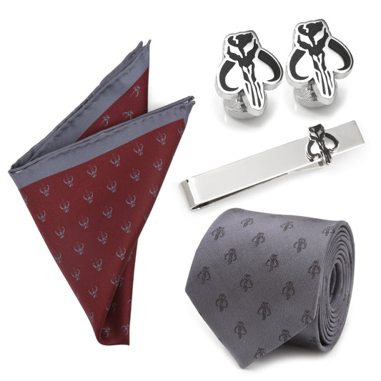 Star Wars Mandalorian Mythosaur Gray Tie, Red Pocket Square, Cufflinks, and Tie Bar Gift Set