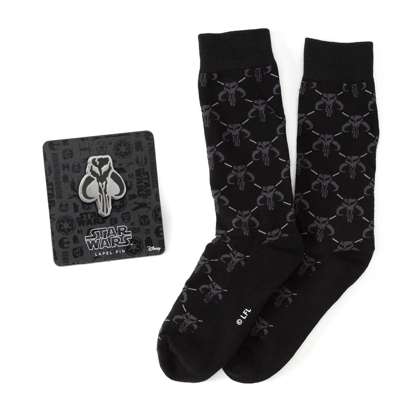 Star Wars Mandalorian Charcoal Gray Dress Socks and Mythosaur Lapel Pin Gift Set