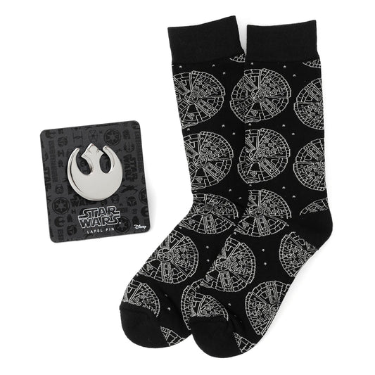 Star Wars Millennium Falcon Black Dress Socks and Lapel Pin Gift Set