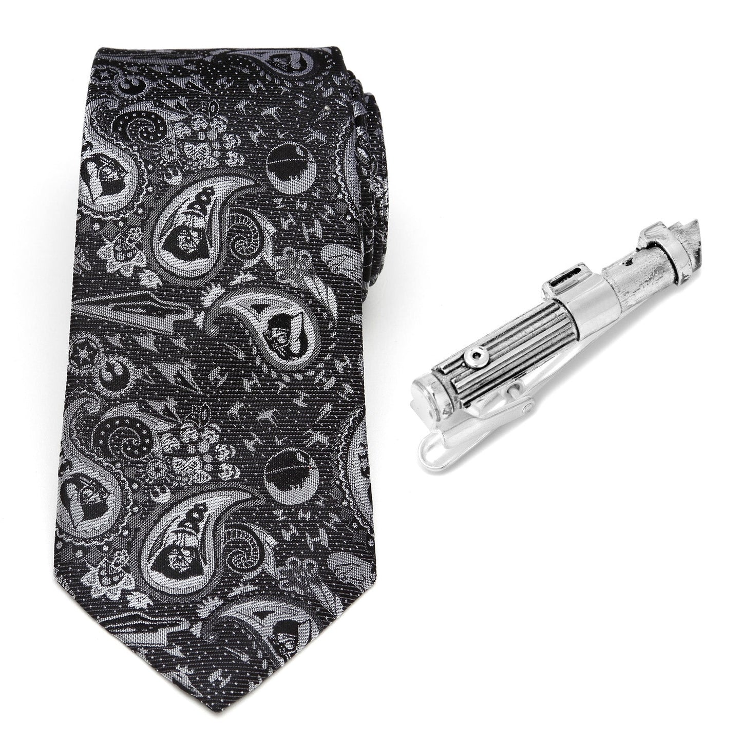 Star Wars Darth Vader Black and Gray Paisley Tie and LIGHTSABER Tie Clip Gift Set