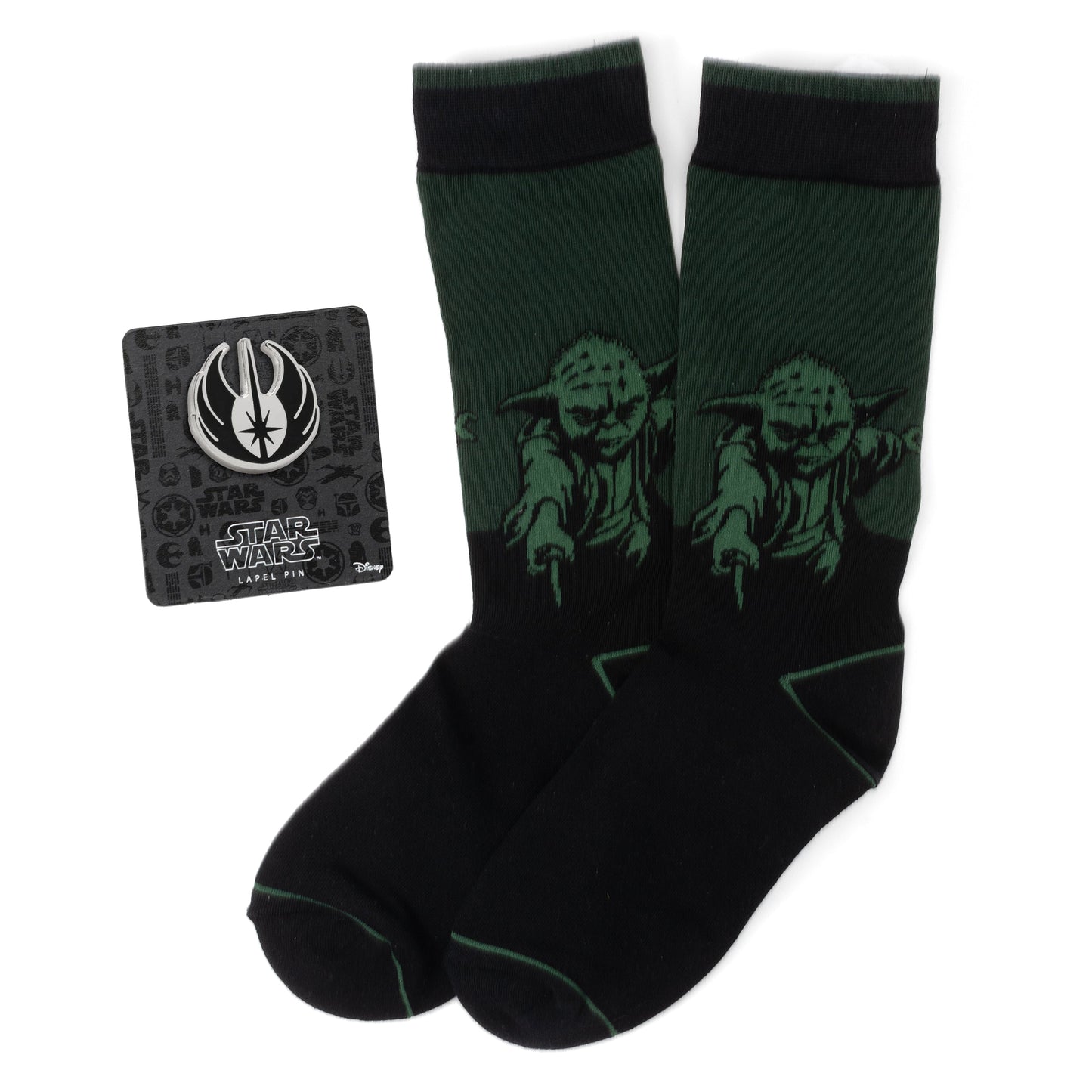 Star Wars Yoda Green Dress Socks and Jedi Order Crest Lapel Pin Gift Set