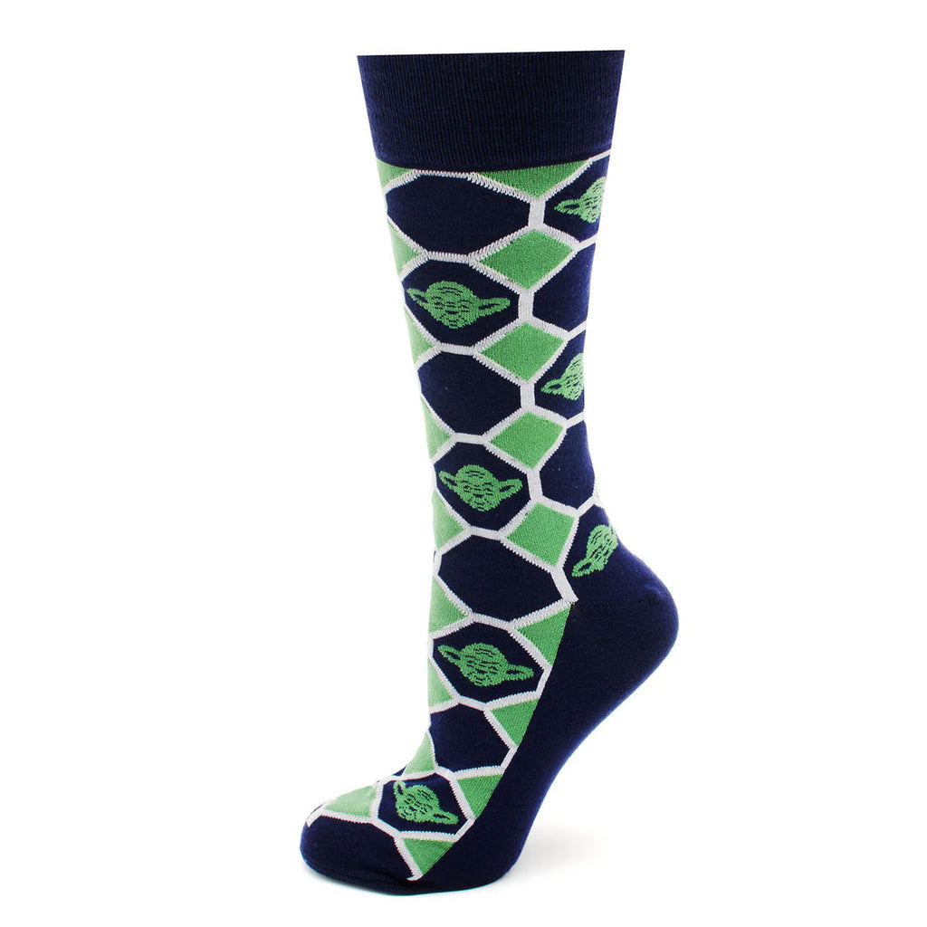 Star Wars Yoda Green and Navy Checkered Dress Socks and Jedi Crest Lapel Pin Gift Set