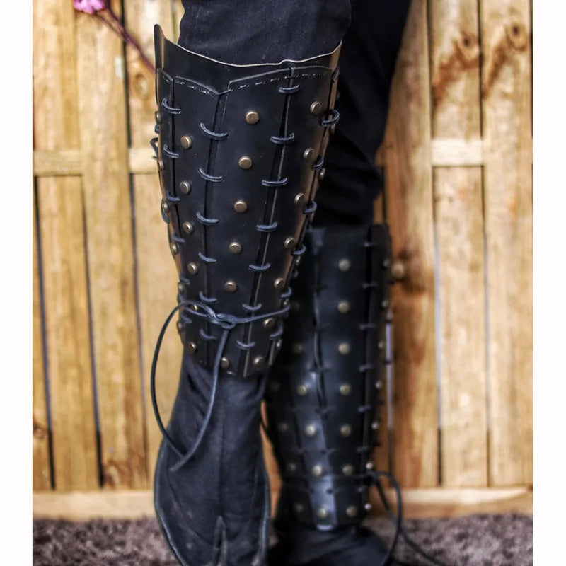 Medieval Steampunk Samurai Knight PU Leg Armor Greaves Viking Pirate Shin Guard Fantasy Gaiters Boot Shoes Cover Cosplay Costume