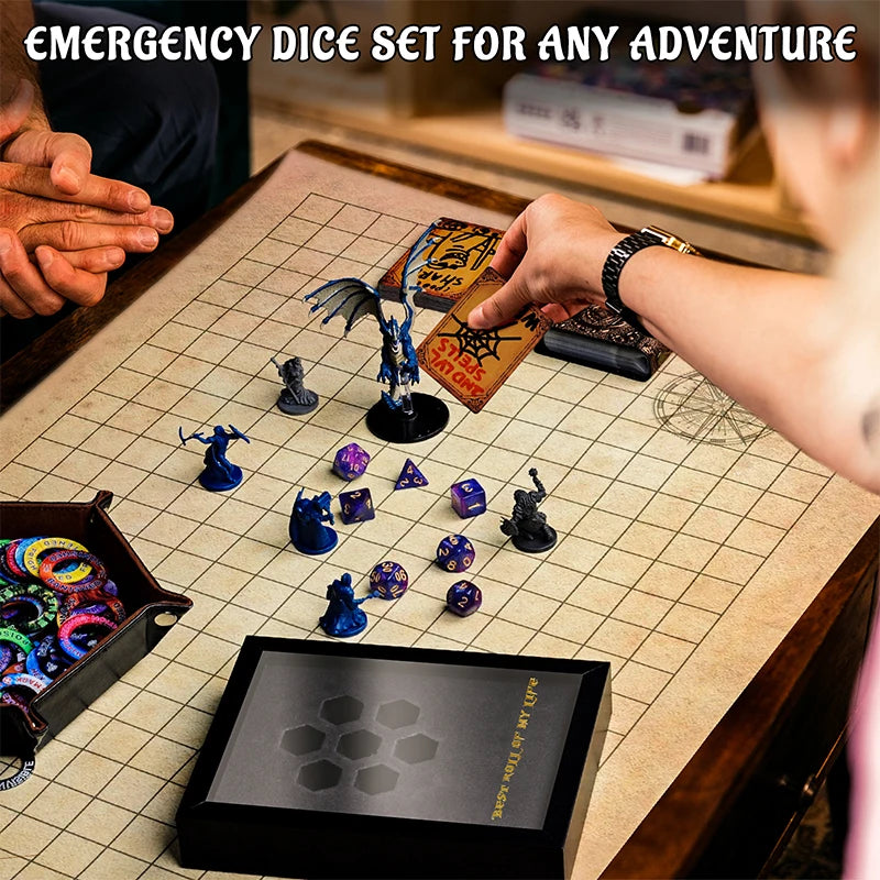 DND Dice Display Frame with 7 Polyhedral Emergency Dice Set Anniversary Shadow Box Nerd Decor, Geek Gift for TTRPG Gamer