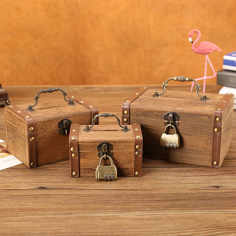 Caja decorativa de madera con forma de cofre del tesoro retro, con cerradura, moneda, caja de almacenamiento de billetes, regalo para niños, pequeña caja con contraseña