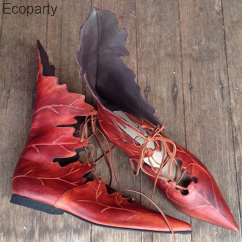 Nuevos zapatos medievales góticos Retro elfo bruja hojas con cordones para mujeres y hombres disfraz de Halloween carnaval fiesta botas de caballero