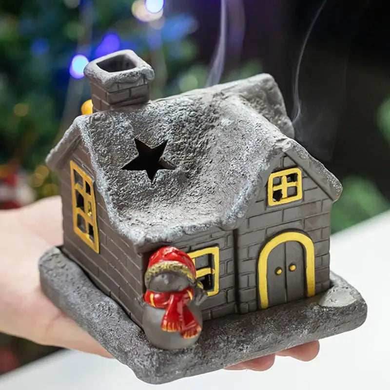 Christmas House Incense Burner - Ceramic Aroma Cone Burner with Chimney Design and Ash Catcher for Table Décor - gold / CHINA