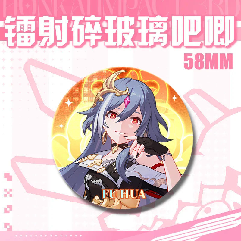 Kawaii Honkai Impact 3 Valkyrie Girls 58mm Laser Pin Badge Cosplay Accessories for Clothes Backpack Decor Brooch Gifts Keychain