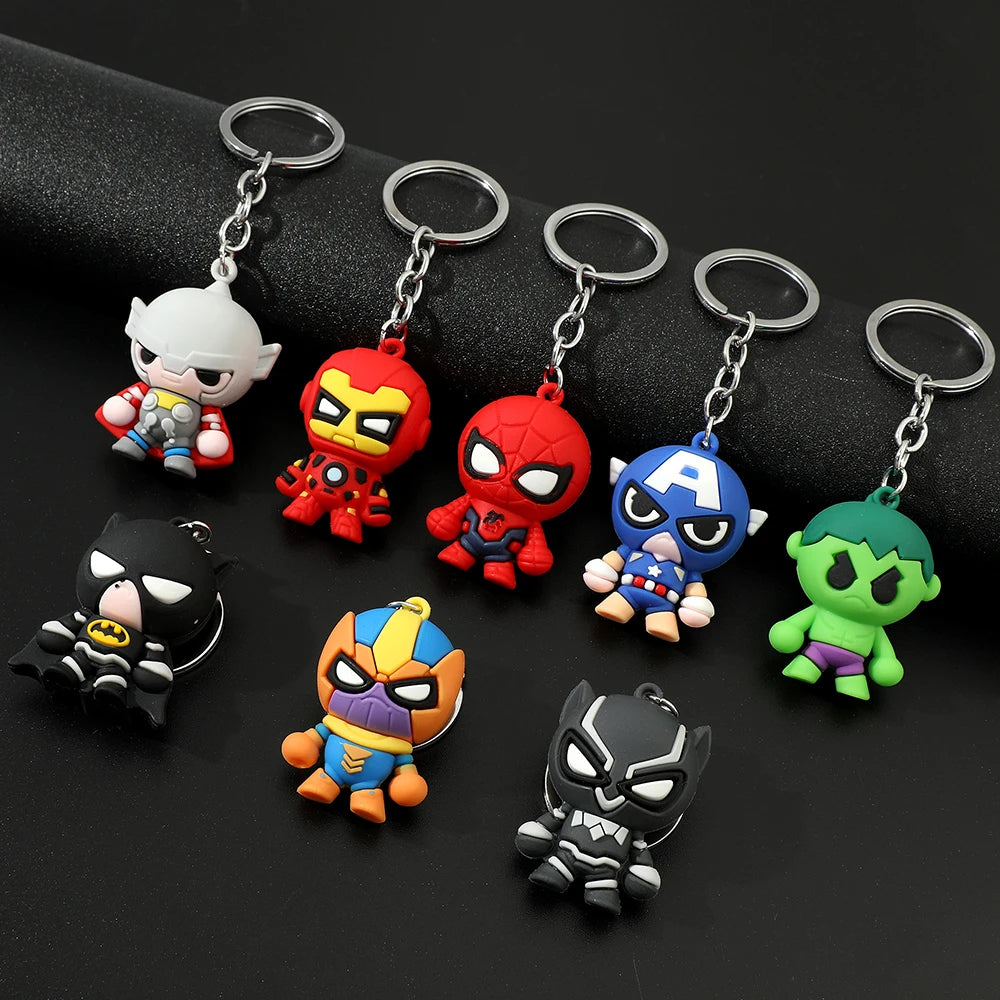 Marvel Cartoon Keychain Iron Man Bat Hulk Thor Anime Avengers Key Ring Figure Silicone Car Key Jewelry Toys Gift