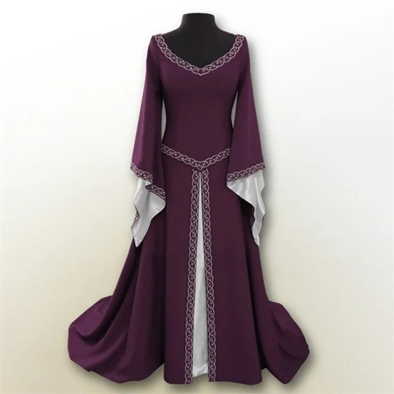 Women Vintage Medieval Costume Dress Corset Waist Retro Renaissance Maxi Dress Ankle Long Dress Halloween Cosplay Dress