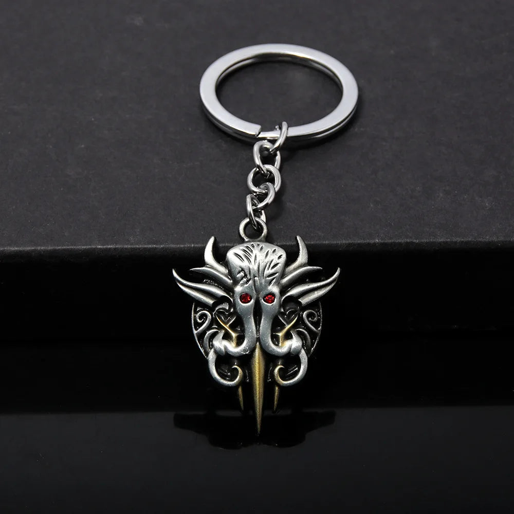 Vintage Baldurs Gate Ghost Pendant Keychain for Men Two Tone Red Stone Filled Metal Key Ring Finder Fans Collection Jewelry